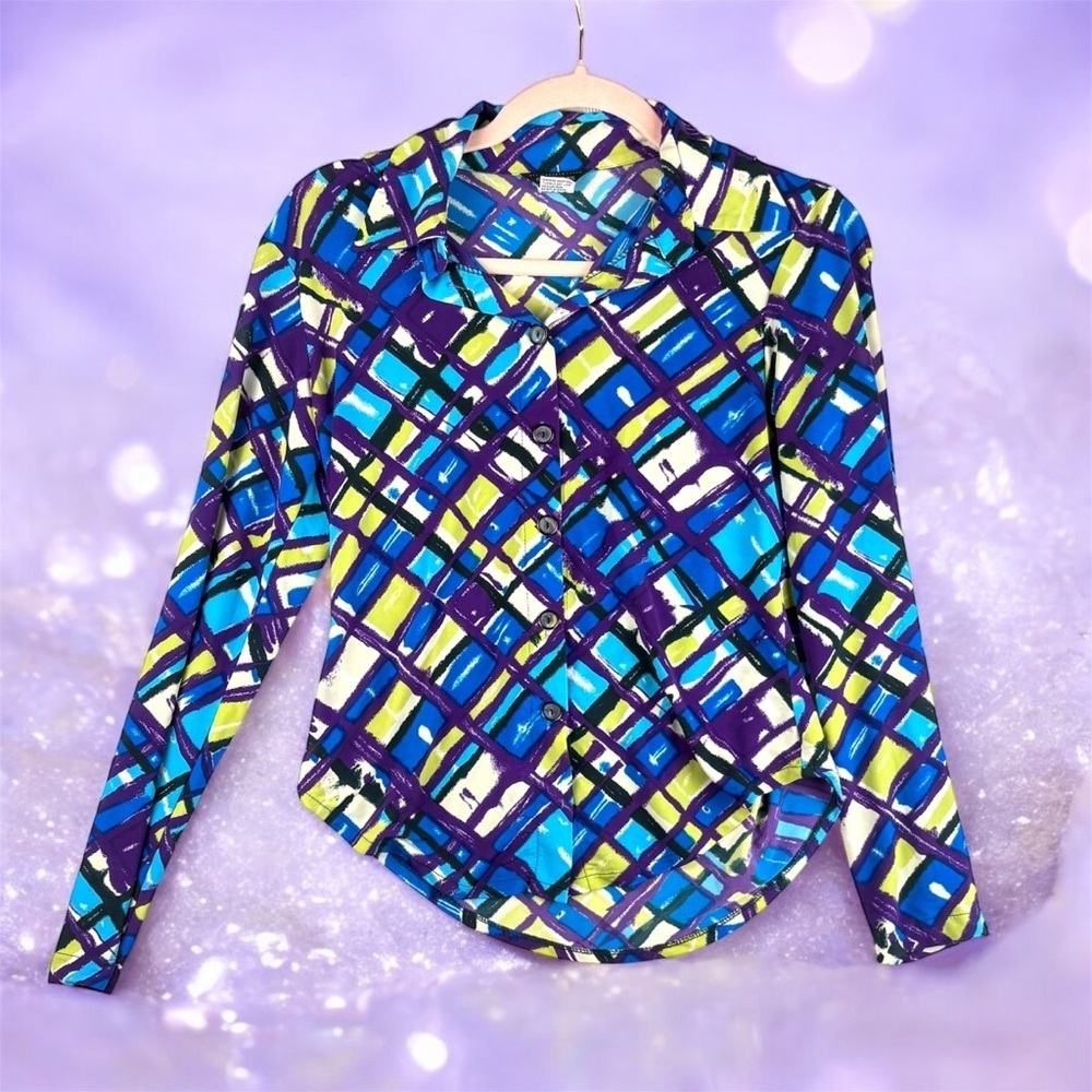 VTG Rich Birds Colorful Geometric Stretchy Button Down Top Long Sleeves Y2K - Picture 8 of 12